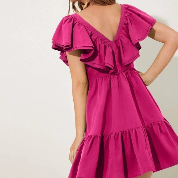 Pink Boho Womens Two Layered Trim Ruffle Hem Dress - Picture 3 of 5
